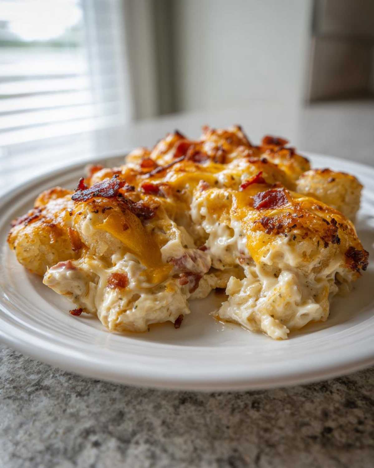 A scoop of creamy Chicken Bacon Ranch Tater Tot Casserole topped with melted cheddar and crispy bacon bits.