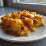 A close-up serving of Chicken Bacon Ranch Tater Tot Casserole topped with melted cheddar cheese and bacon bits.