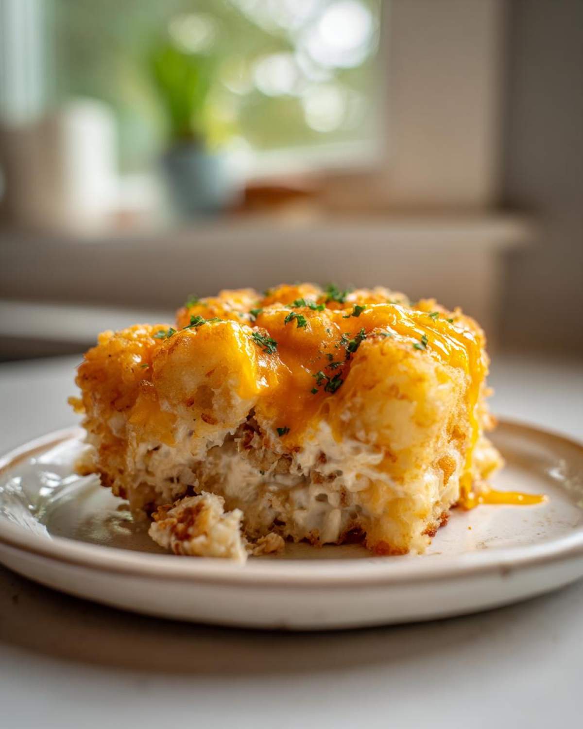 A close-up of a serving of Chicken Bacon Ranch Tater Tot Casserole topped with melted cheese and parsley.