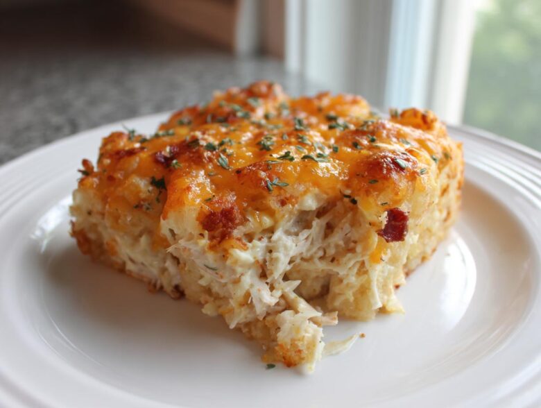 A thick slice of Chicken Bacon Ranch Tater Tot Casserole with melted cheddar cheese and herbs on a white plate.