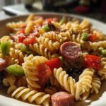 A close-up shot of a bowl of Cold Pasta Salad with Italian Dressing, featuring rotini pasta, salami, peppers, and olives.