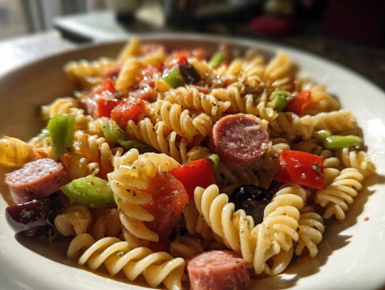 A close-up shot of a bowl of Cold Pasta Salad with Italian Dressing, featuring rotini pasta, salami, peppers, and olives.