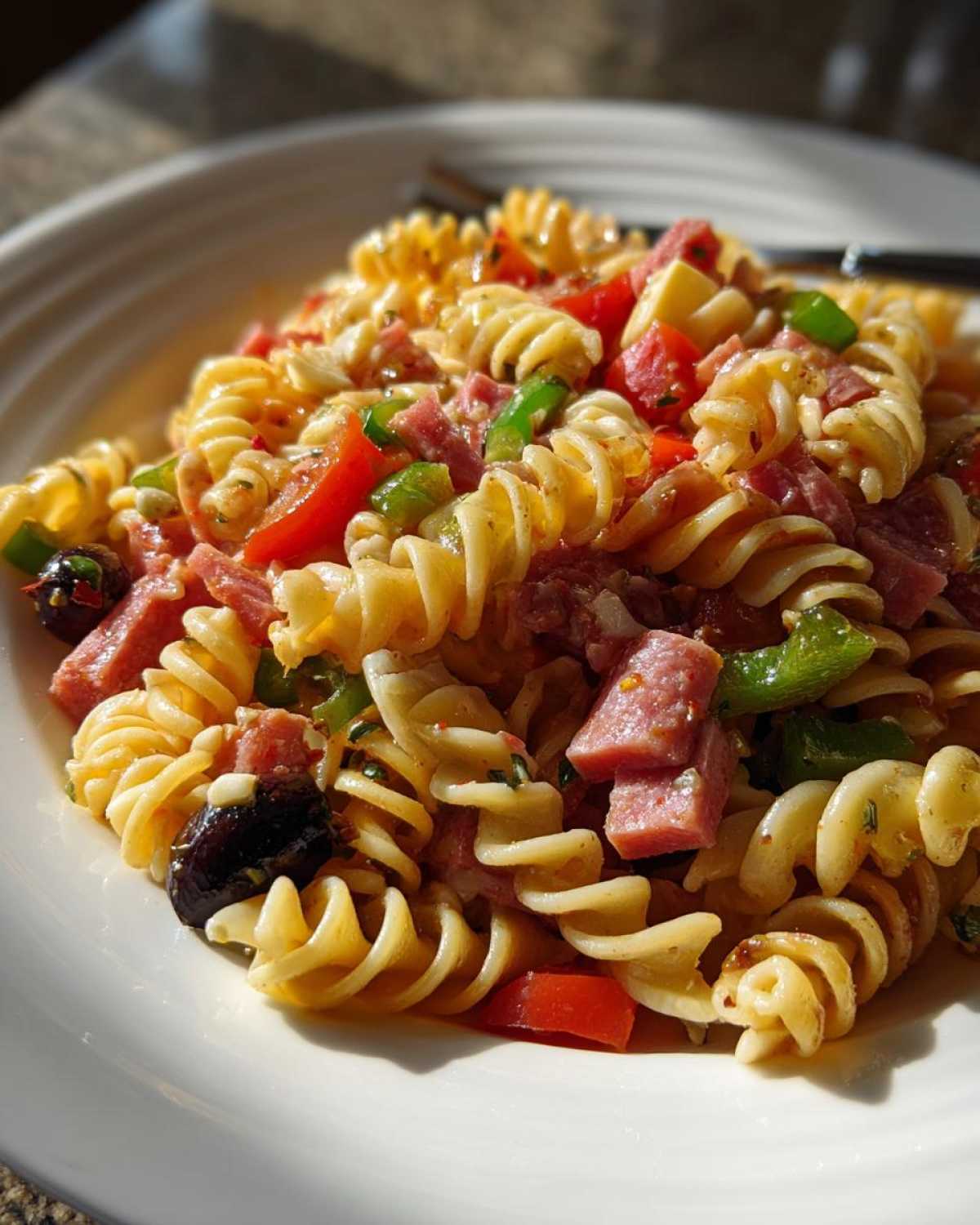 Close-up of a serving of Cold Pasta Salad with Italian Dressing featuring rotini pasta, salami, tomatoes, peppers, and olives.