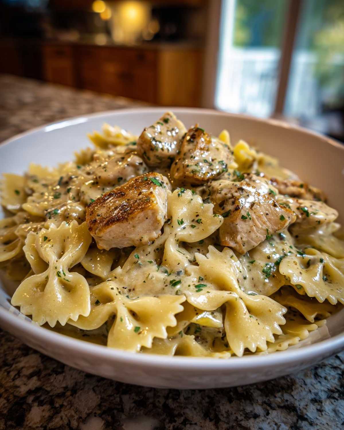 Close-up of Cowboy Butter Lemon Bowtie Chicken served over farfalle pasta coated in a creamy herb sauce.