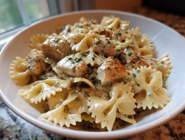 A white bowl filled with Cowboy Butter Lemon Bowtie Chicken pasta coated in a creamy herb sauce.