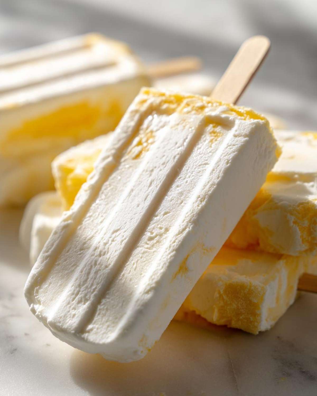 A close-up shot of several creamy Banana Coconut Popsicles stacked on a white marble surface in bright sunlight.