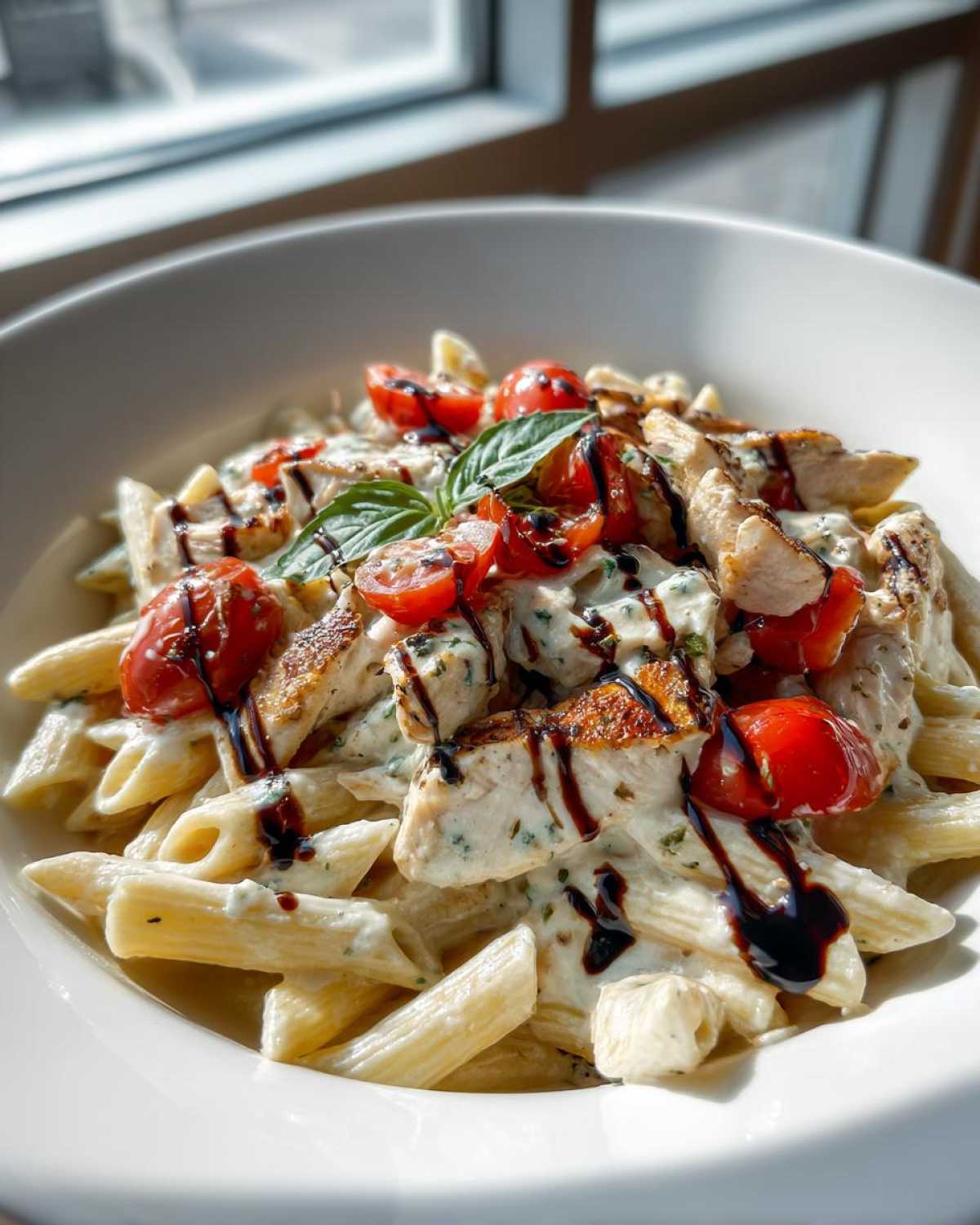 Close-up of creamy Bruschetta Chicken Pasta with penne, grilled chicken, cherry tomatoes, and balsamic glaze.
