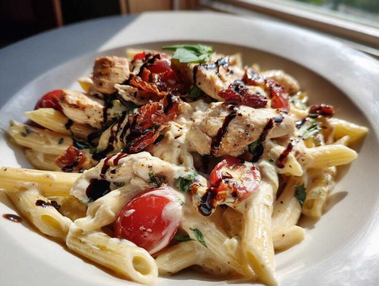 A close-up of creamy Bruschetta Chicken Pasta featuring penne, chicken pieces, cherry tomatoes, and a balsamic drizzle.