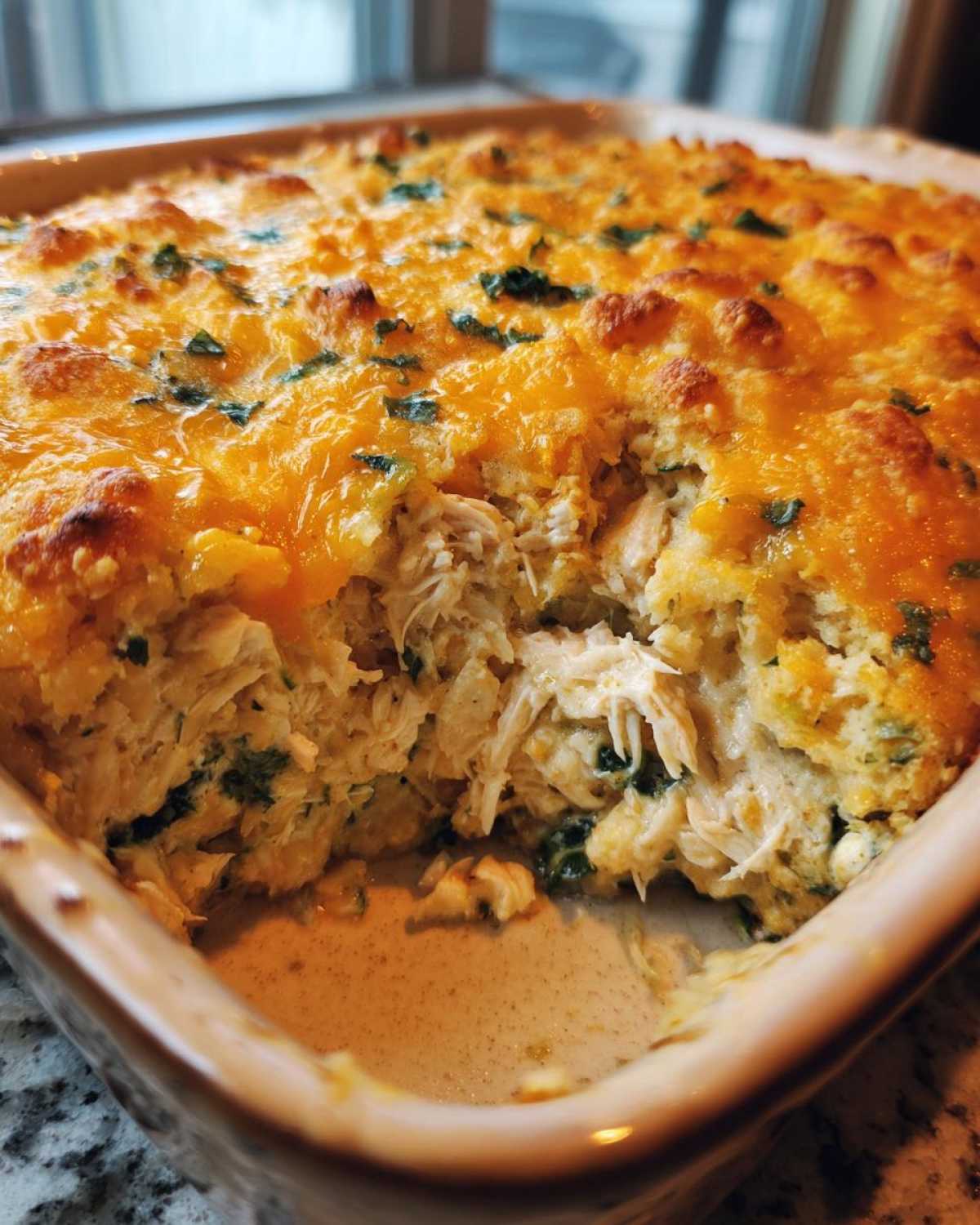 Close-up of a freshly baked Creamy Chicken and Spinach Casserole with shredded chicken visible under a bubbly, golden-brown cheese topping.