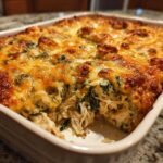 A close-up of a freshly baked Creamy Chicken and Spinach Casserole showing shredded chicken and green spinach under a bubbly, browned cheese topping.