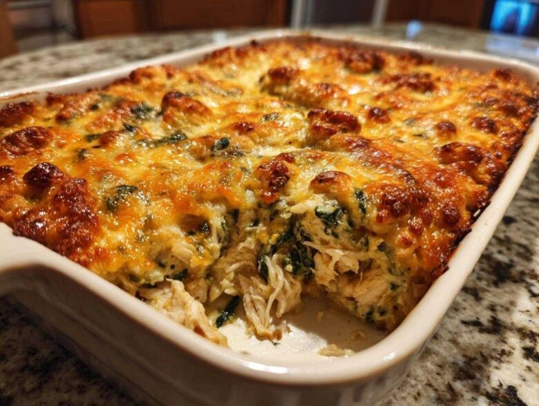 A close-up of a freshly baked Creamy Chicken and Spinach Casserole showing shredded chicken and green spinach under a bubbly, browned cheese topping.