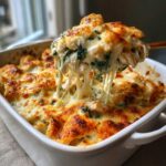 A spoonful of Creamy Chicken and Spinach Casserole showing extreme cheese pull over the golden-brown baked dish.
