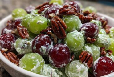A close-up of a bowl filled with vibrant green and red grapes coated in a creamy dressing, topped with crunchy pecans, showcasing the finished Grape Salad.