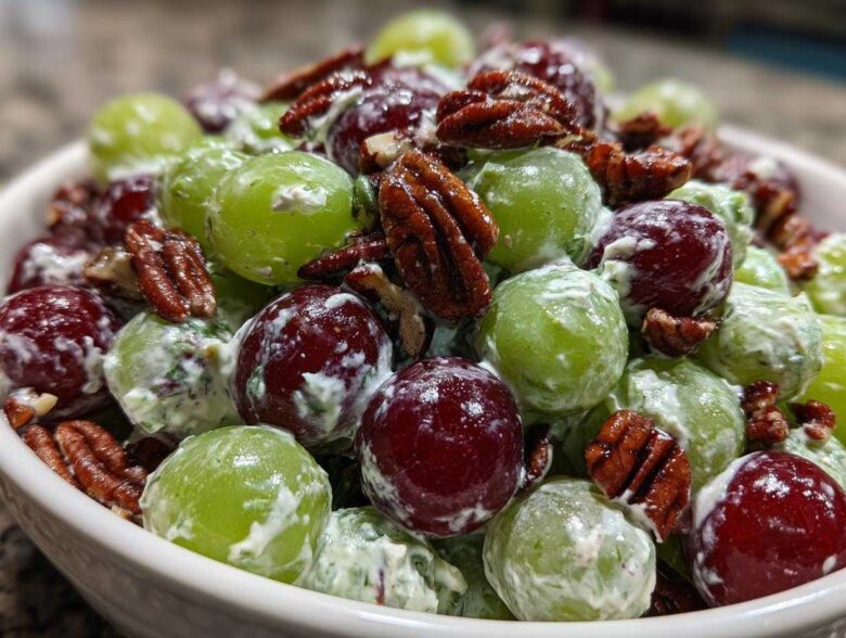 A close-up of a bowl filled with vibrant green and red grapes coated in a creamy dressing, topped with crunchy pecans, showcasing the finished Grape Salad.