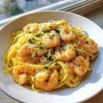 A close-up of a white bowl filled with Creamy Lemon Shrimp Pasta, topped with shrimp, grated Parmesan, and fresh parsley.