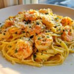A close-up of a serving of Creamy Lemon Shrimp Pasta, topped with cooked shrimp, grated Parmesan, and fresh parsley.