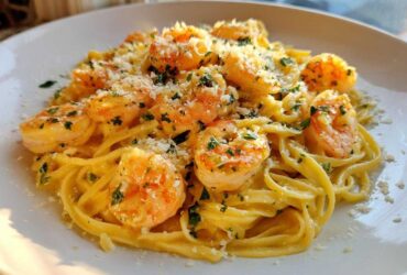 A close-up of a serving of Creamy Lemon Shrimp Pasta, topped with cooked shrimp, grated Parmesan, and fresh parsley.