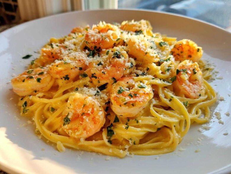 A close-up of a serving of Creamy Lemon Shrimp Pasta, topped with cooked shrimp, grated Parmesan, and fresh parsley.