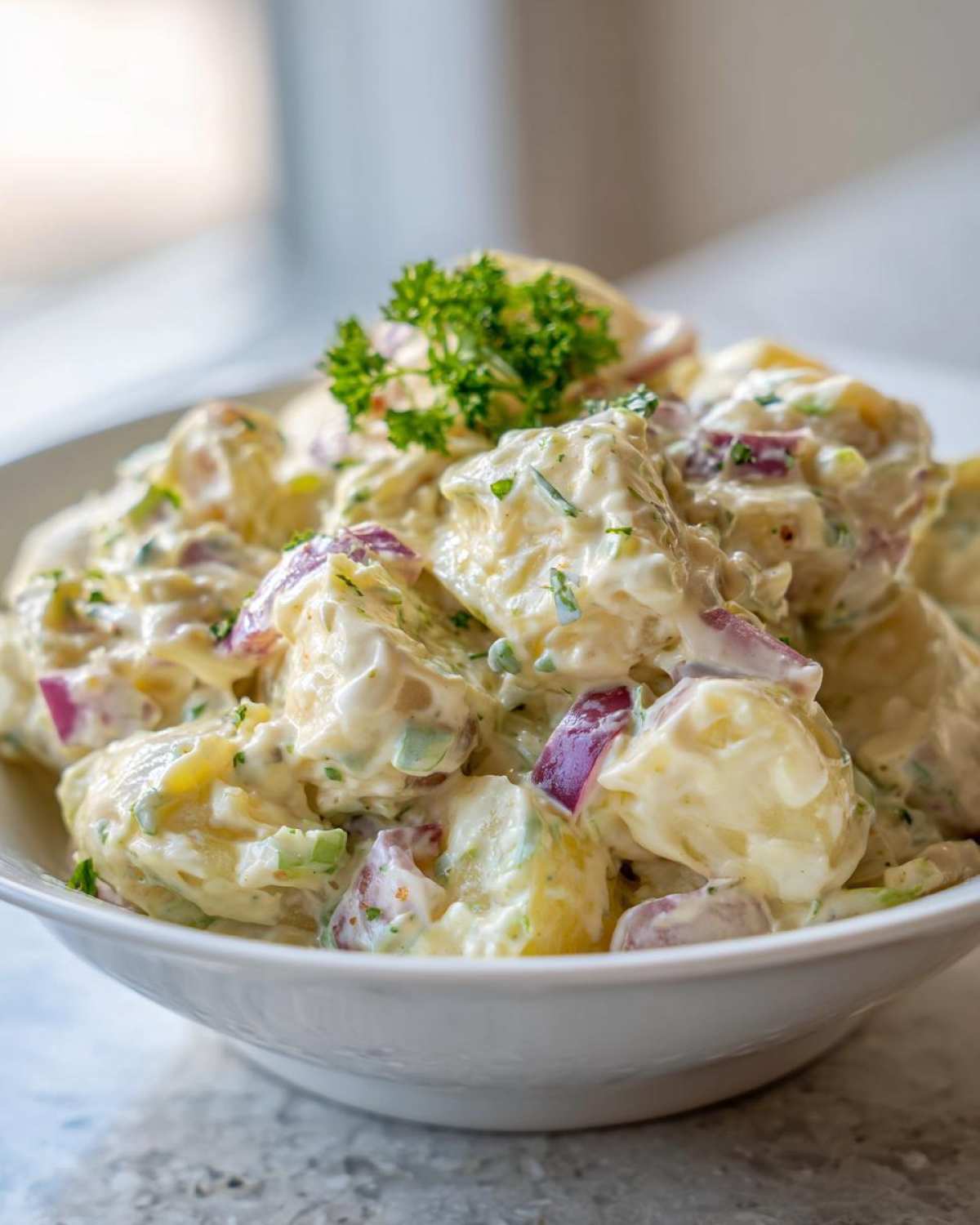 A close-up of a white bowl filled with rich, creamy potato salad featuring chunks of potato, red onion, and parsley garnish.