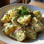 A close-up bowl of rich Creamy Potato Salad featuring chunks of yellow potato, red onion, and fresh parsley in a creamy dressing.