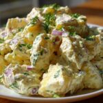 A close-up of a generous serving of creamy potato salad mixed with chunks of red onion and topped with fresh parsley.