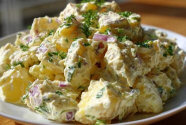 A close-up of a generous serving of creamy potato salad mixed with chunks of red onion and topped with fresh parsley.