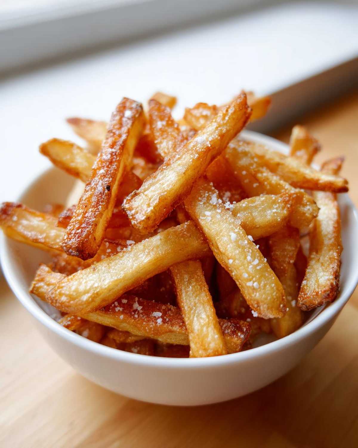 A close-up of golden brown, crispy air fryer french fries sprinkled with salt in a white bowl.