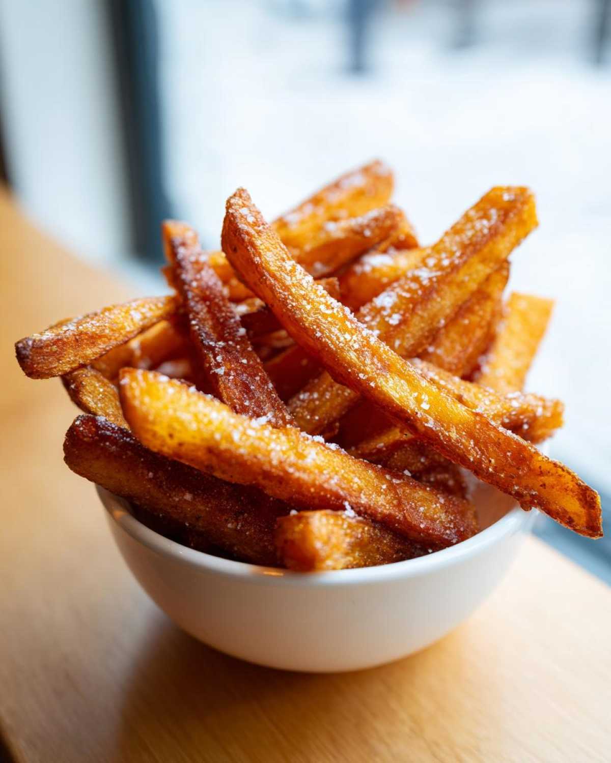 Close-up of golden brown, crispy air fryer french fries generously sprinkled with salt in a white bowl.