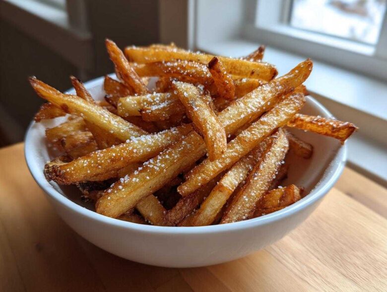 A close-up of golden brown, crispy air fryer french fries generously sprinkled with coarse salt in a white bowl.