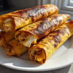 A stack of five golden-brown, crispy oven rolled chicken taquitos showing shredded chicken filling.