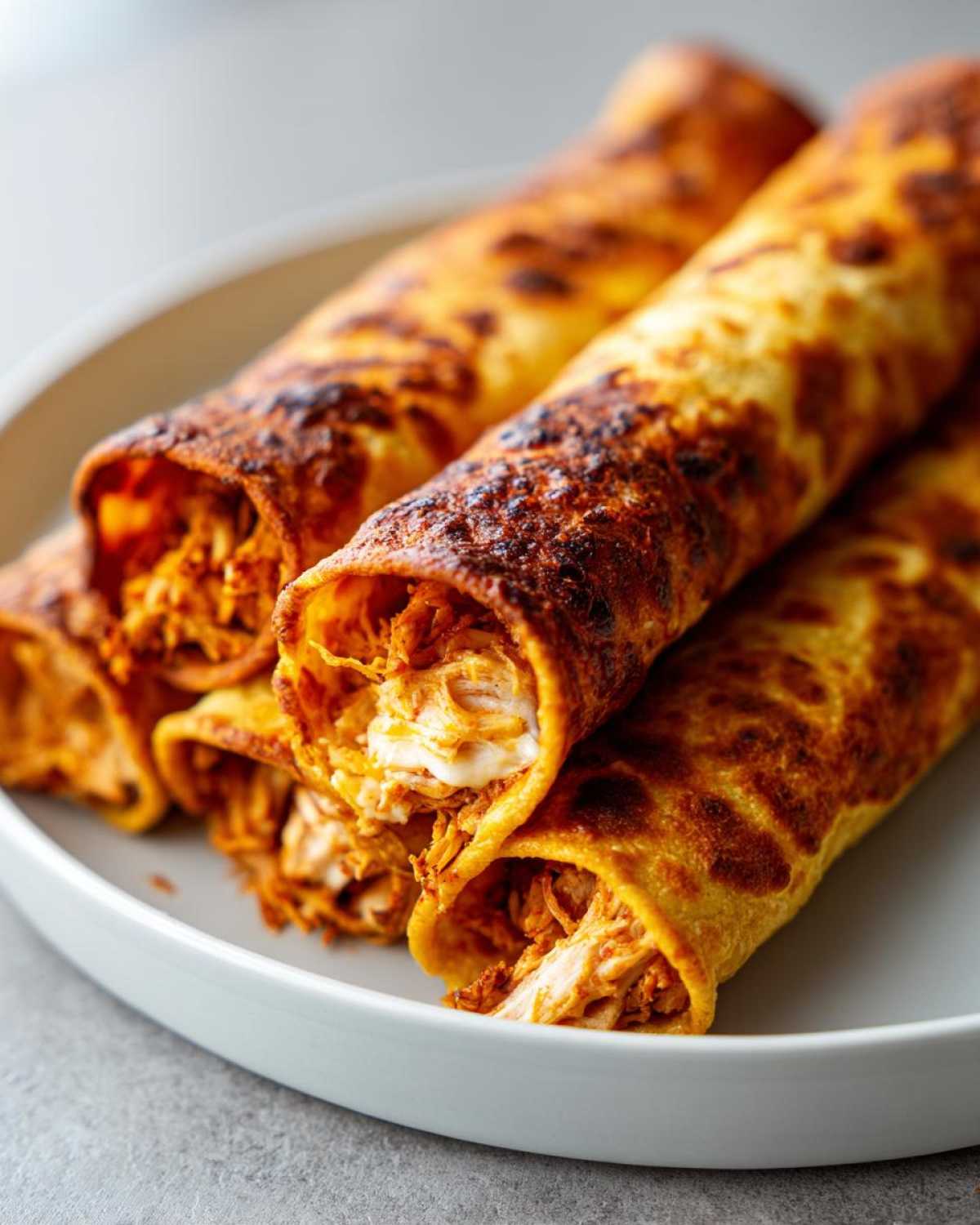 Close-up of several golden, crispy oven rolled chicken taquitos filled with shredded chicken and cheese.