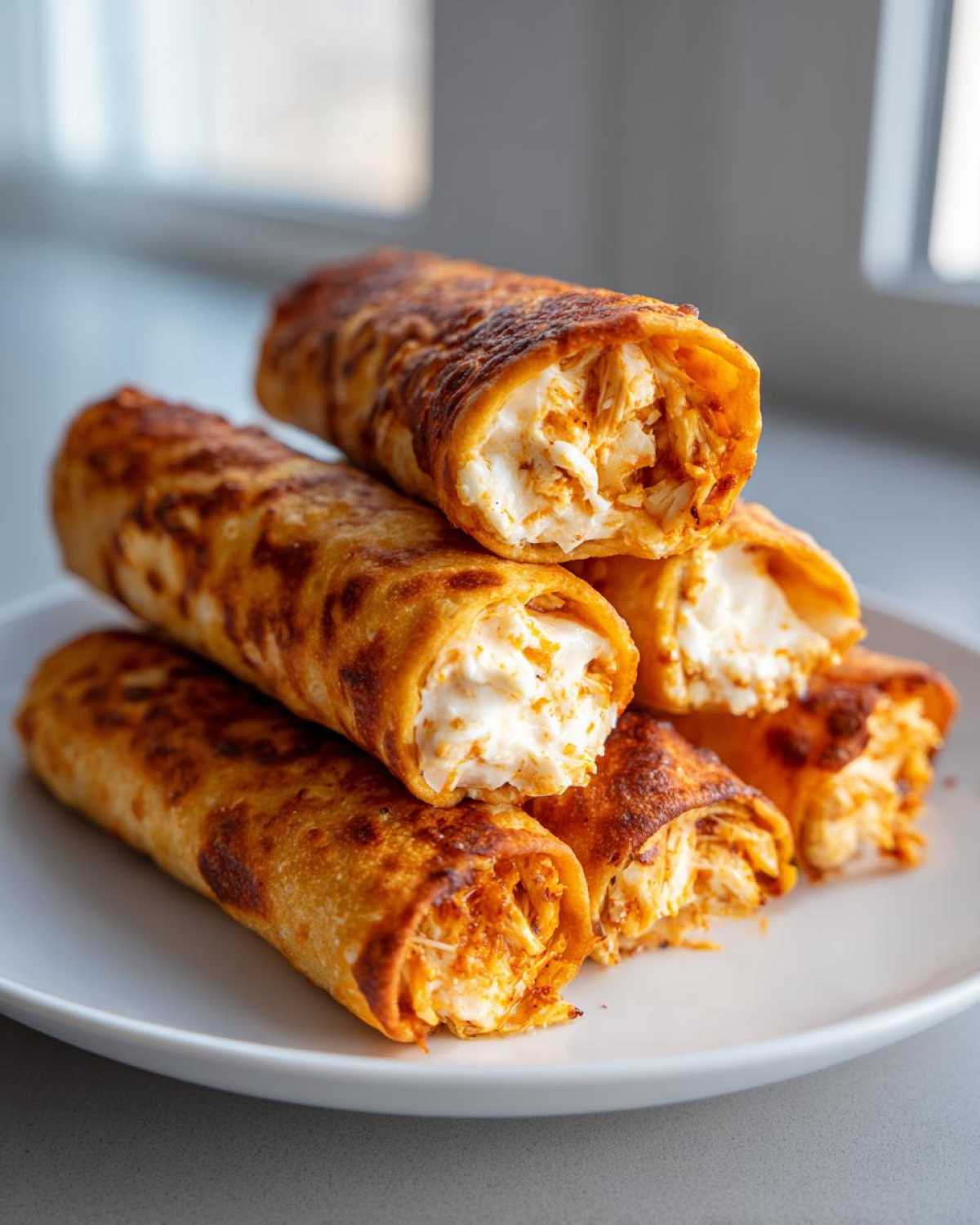 A stack of golden brown, crispy oven rolled chicken taquitos filled with creamy chicken mixture on a white plate.