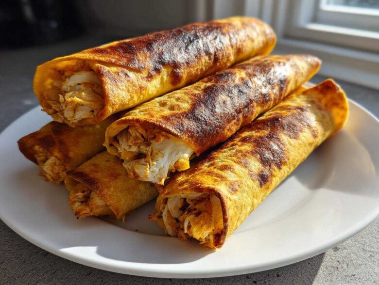 A stack of five golden-brown, crispy oven rolled chicken taquitos showing shredded chicken filling.