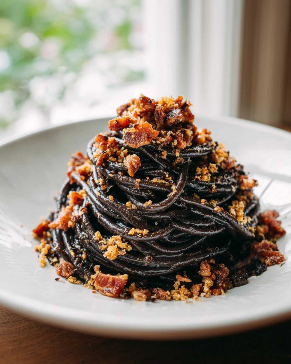 A tall mound of dark, glossy Dirty Spaghetti topped generously with crispy bacon bits and breadcrumbs.