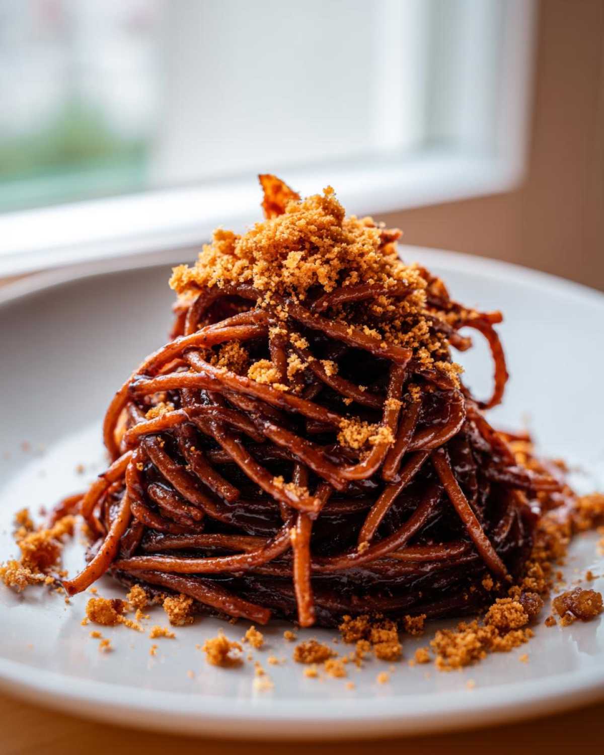 A mound of dark, saucy Dirty Spaghetti topped generously with golden brown crumbs on a white plate.