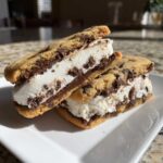 Two stacked Chocolate Chip Ice Cream Sandwiches made with Nestle Toll House cookies and vanilla ice cream.