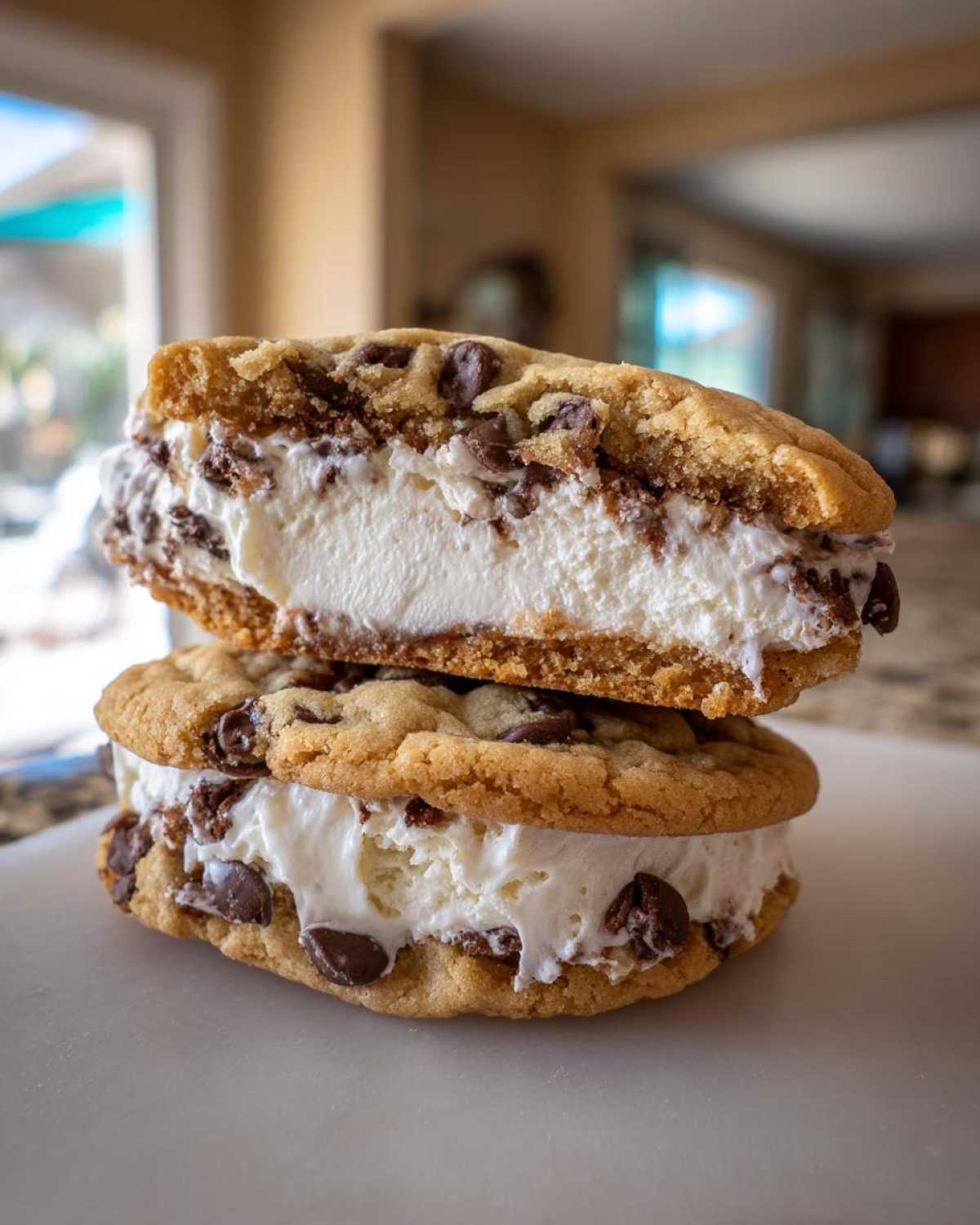 Two stacked Chocolate Chip Ice Cream Sandwiches made with soft cookies and vanilla ice cream filling.