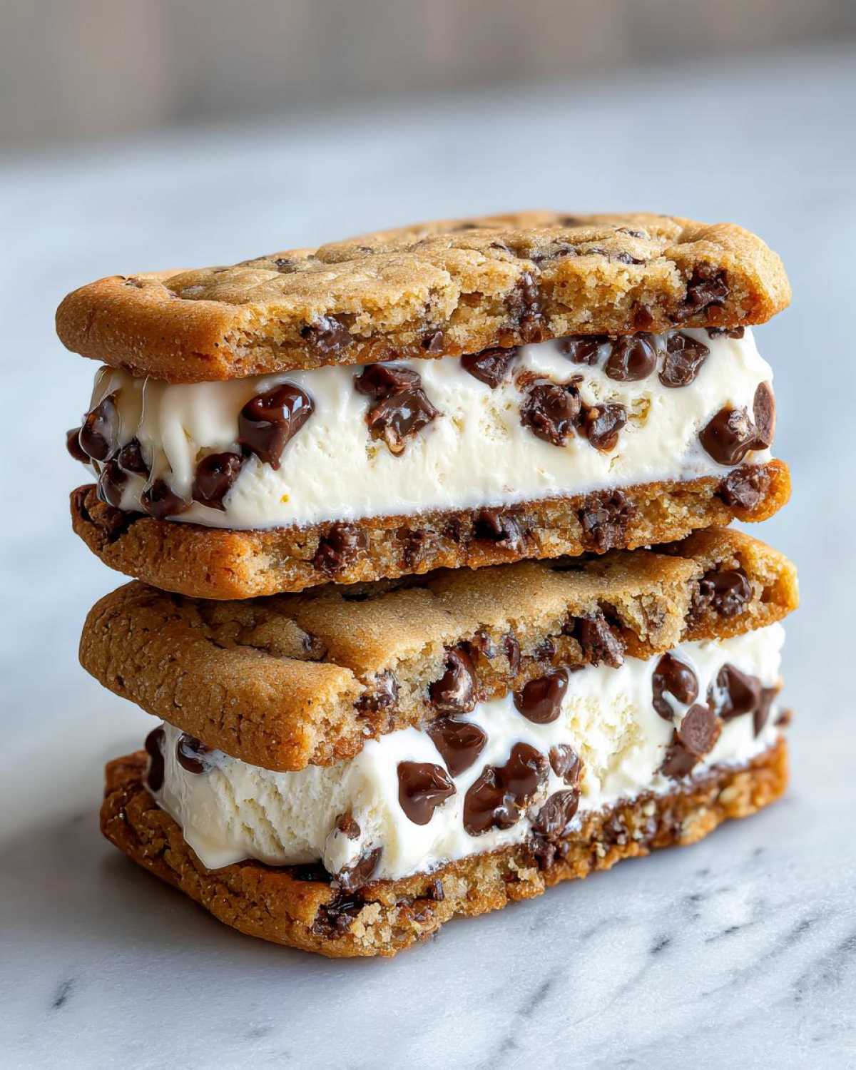 Two stacked Chocolate Chip Ice Cream Sandwiches made with soft cookies and vanilla ice cream loaded with chips.