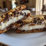 Two halves of a Chocolate Chip Ice Cream Sandwich made with Nestle Toll House cookies, showing vanilla ice cream filling.