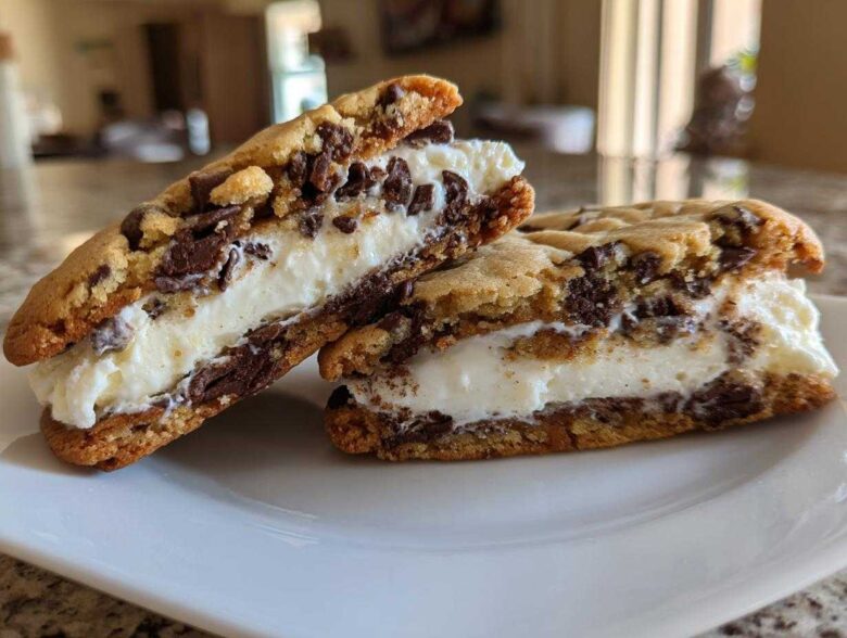 Two halves of a Chocolate Chip Ice Cream Sandwich made with Nestle Toll House cookies, showing vanilla ice cream filling.