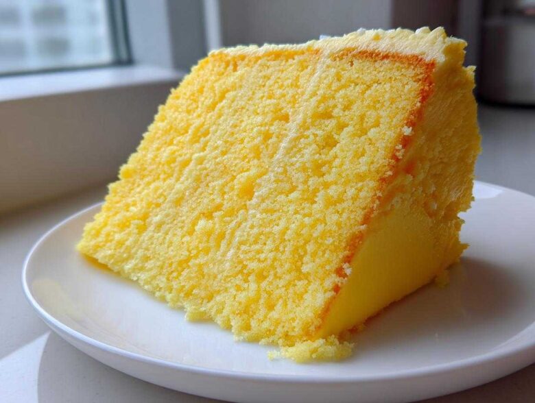 Close-up of a perfect slice of moist Yellow Velvet Cake with light frosting, served on a white plate near a window.