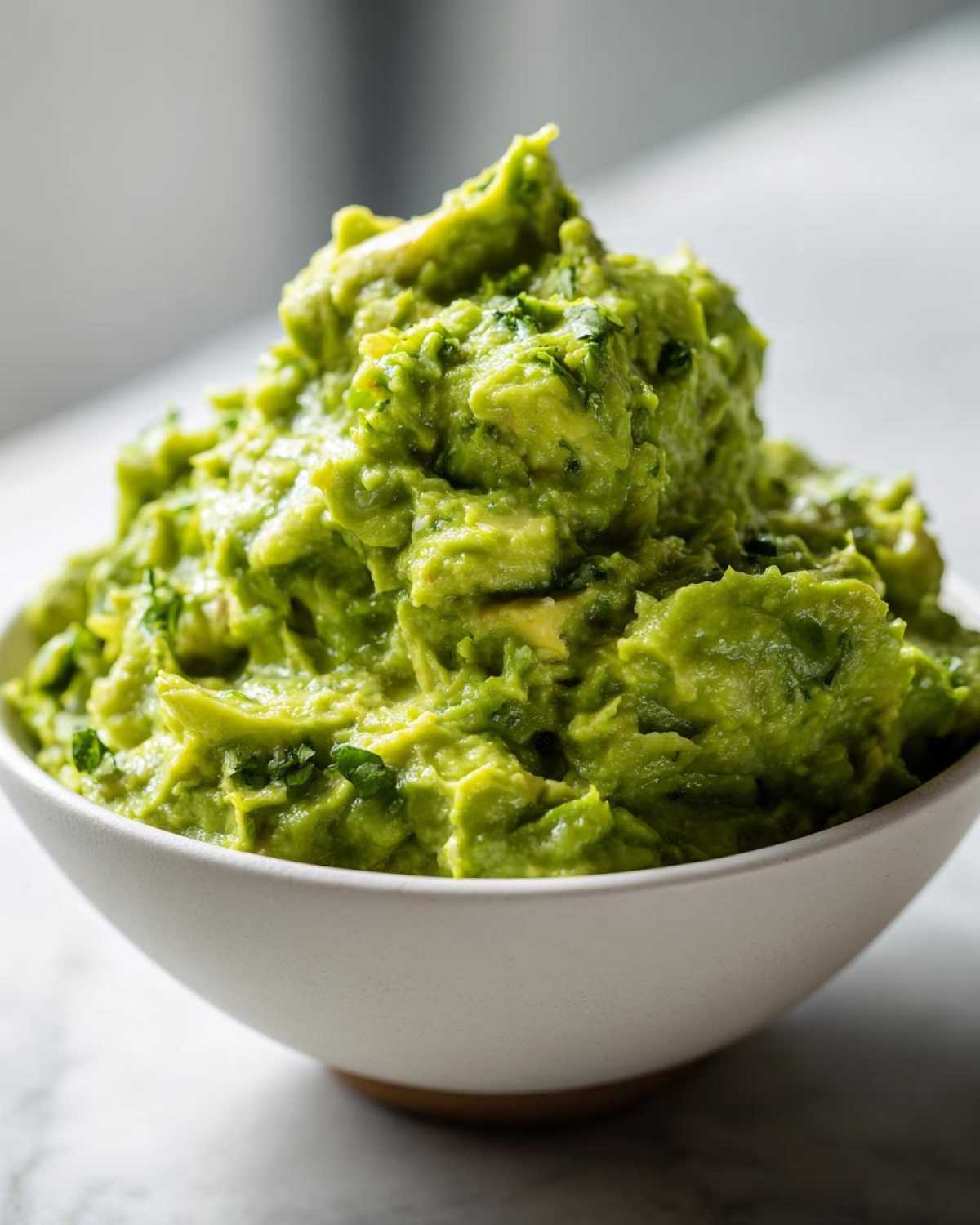 A close-up shot of chunky, bright green guacamole piled high in a textured white bowl.