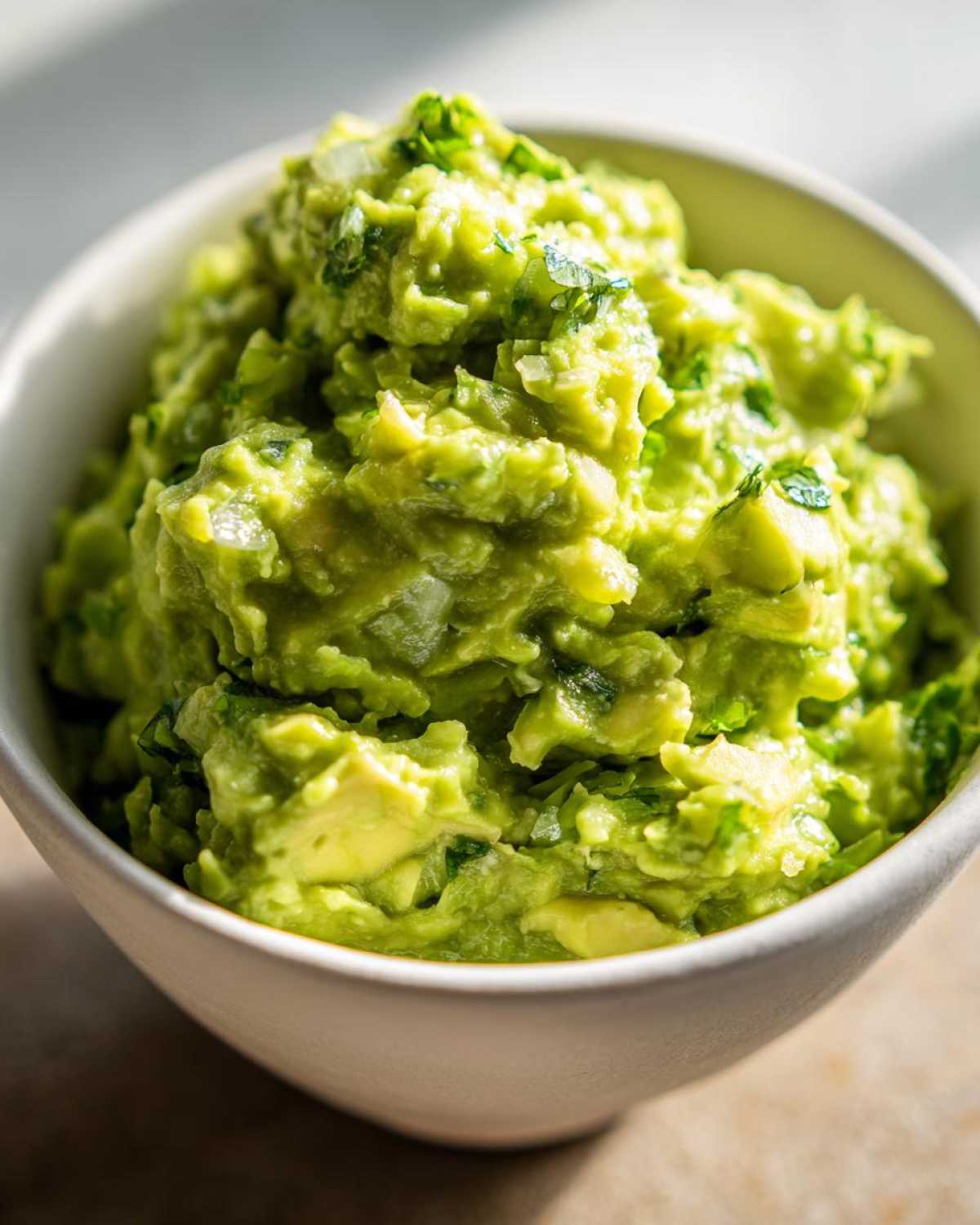 Close-up of chunky, bright green guacamole with visible cilantro and onion pieces in a white bowl.