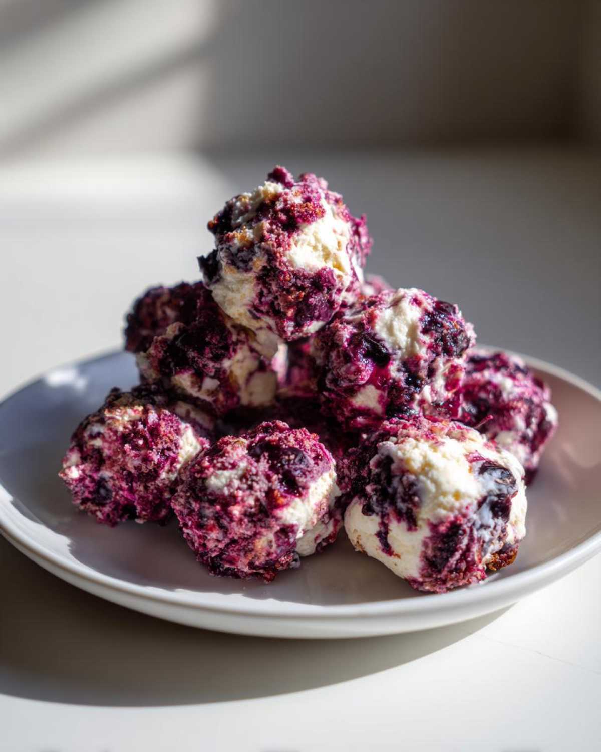 A mound of white and deep purple Frozen Blueberry Greek Yogurt Clusters piled on a small white plate, lit by bright sunlight.