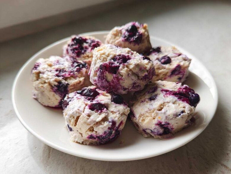 A white plate holds several mounds of Frozen Blueberry Greek Yogurt Clusters mixed with vibrant purple blueberries.