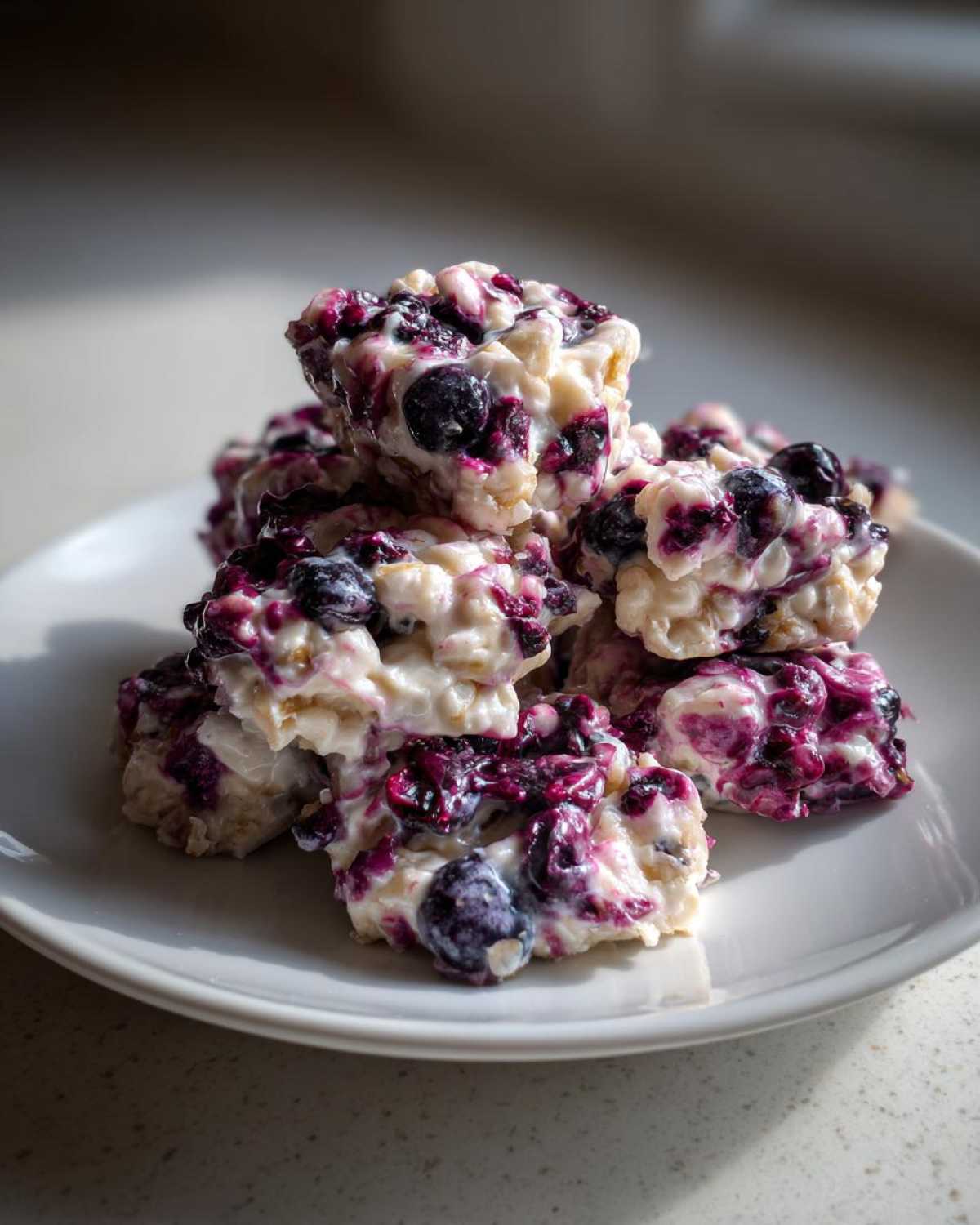 A small stack of Frozen Blueberry Greek Yogurt Clusters on a white plate, showing creamy yogurt mixed with bright purple blueberries.