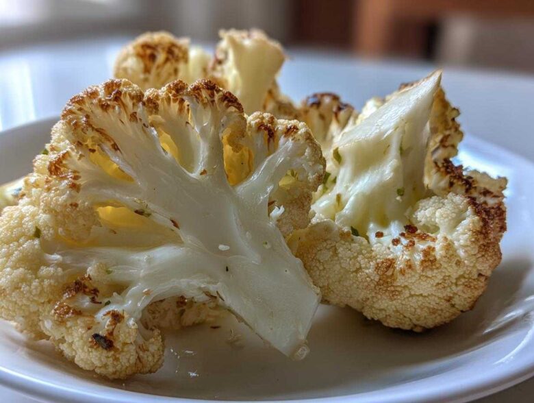 Close-up of perfectly roasted Garlic Butter Roasted Cauliflower florets showing caramelized edges and a glossy coating.