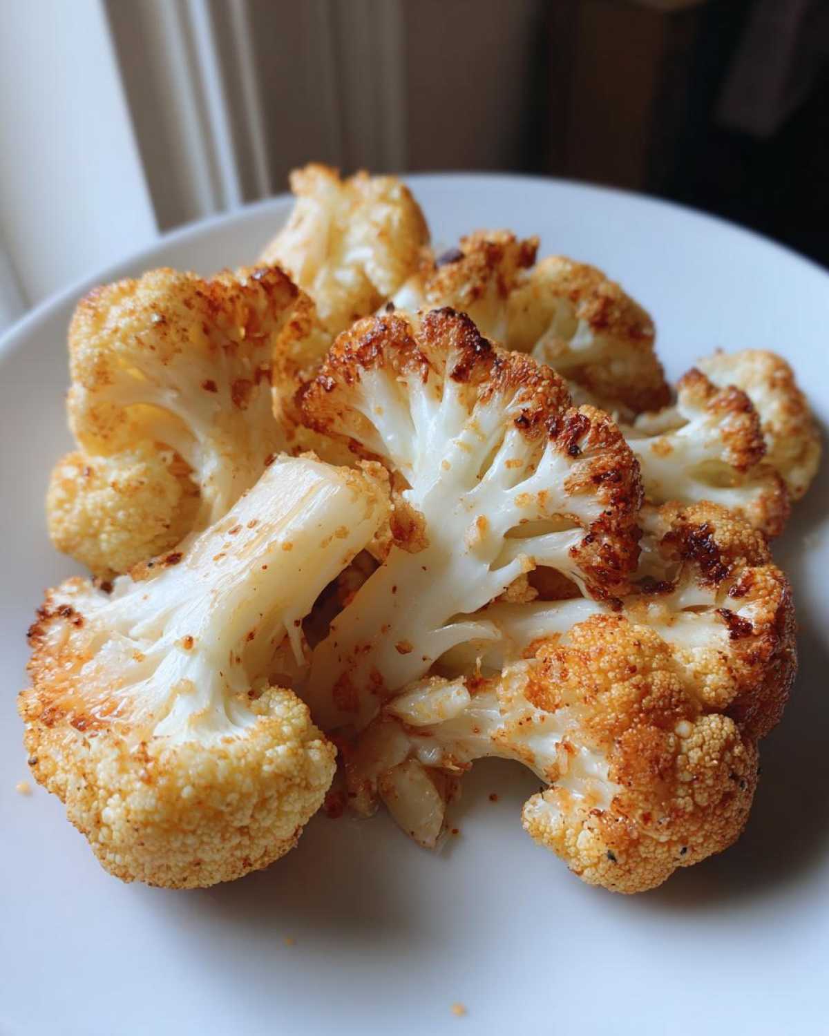 Close-up of beautifully browned Garlic Butter Roasted Cauliflower florets served on a white plate.