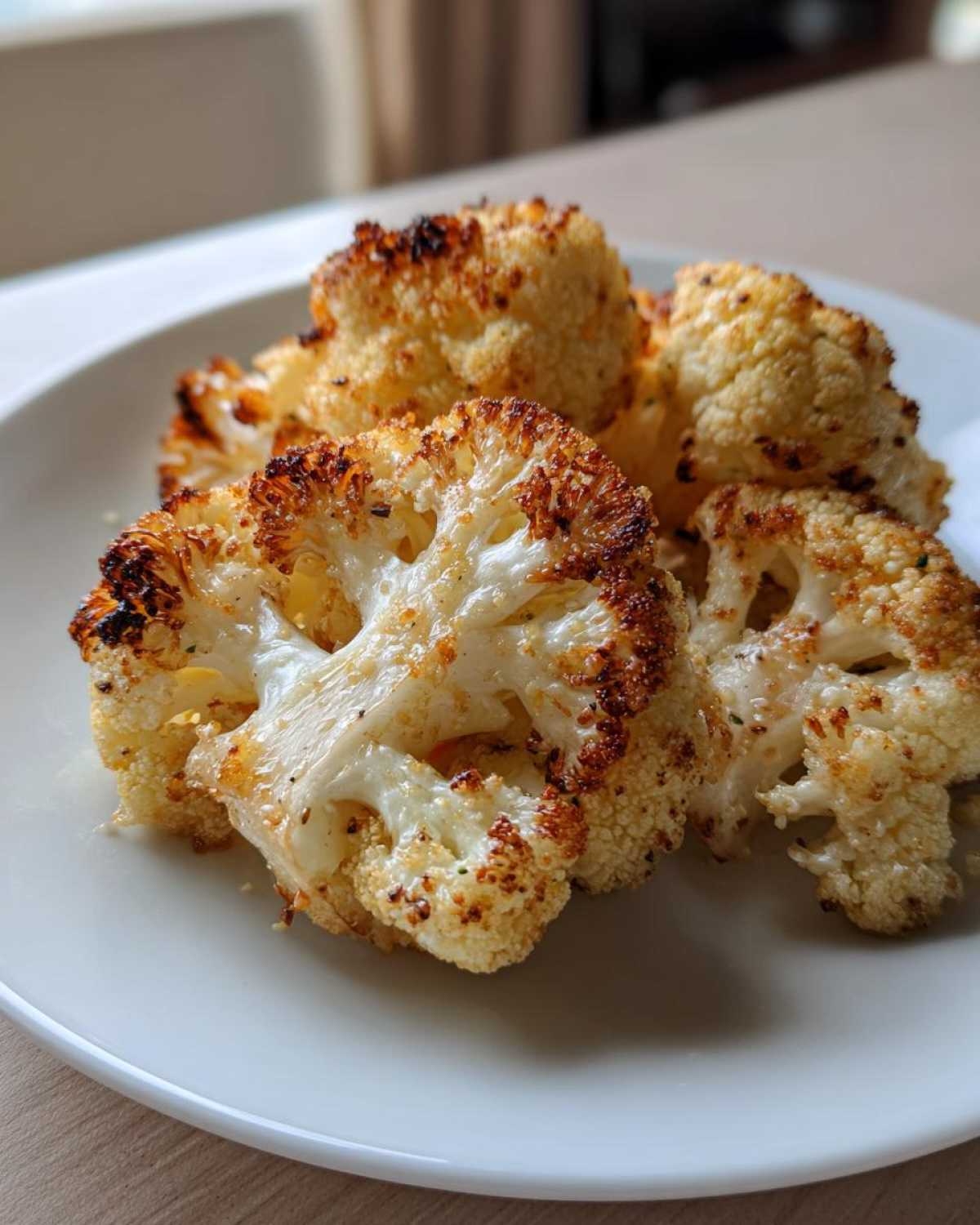 Close-up of beautifully browned Garlic Butter Roasted Cauliflower florets served on a white plate.