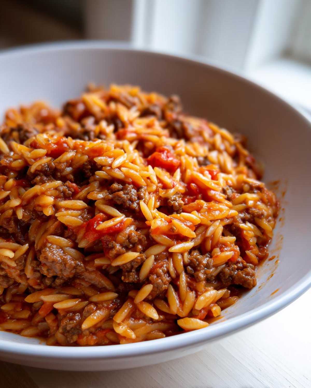 A close-up view of a white bowl filled with savory Ground Beef Orzo in Tomato Sauce.